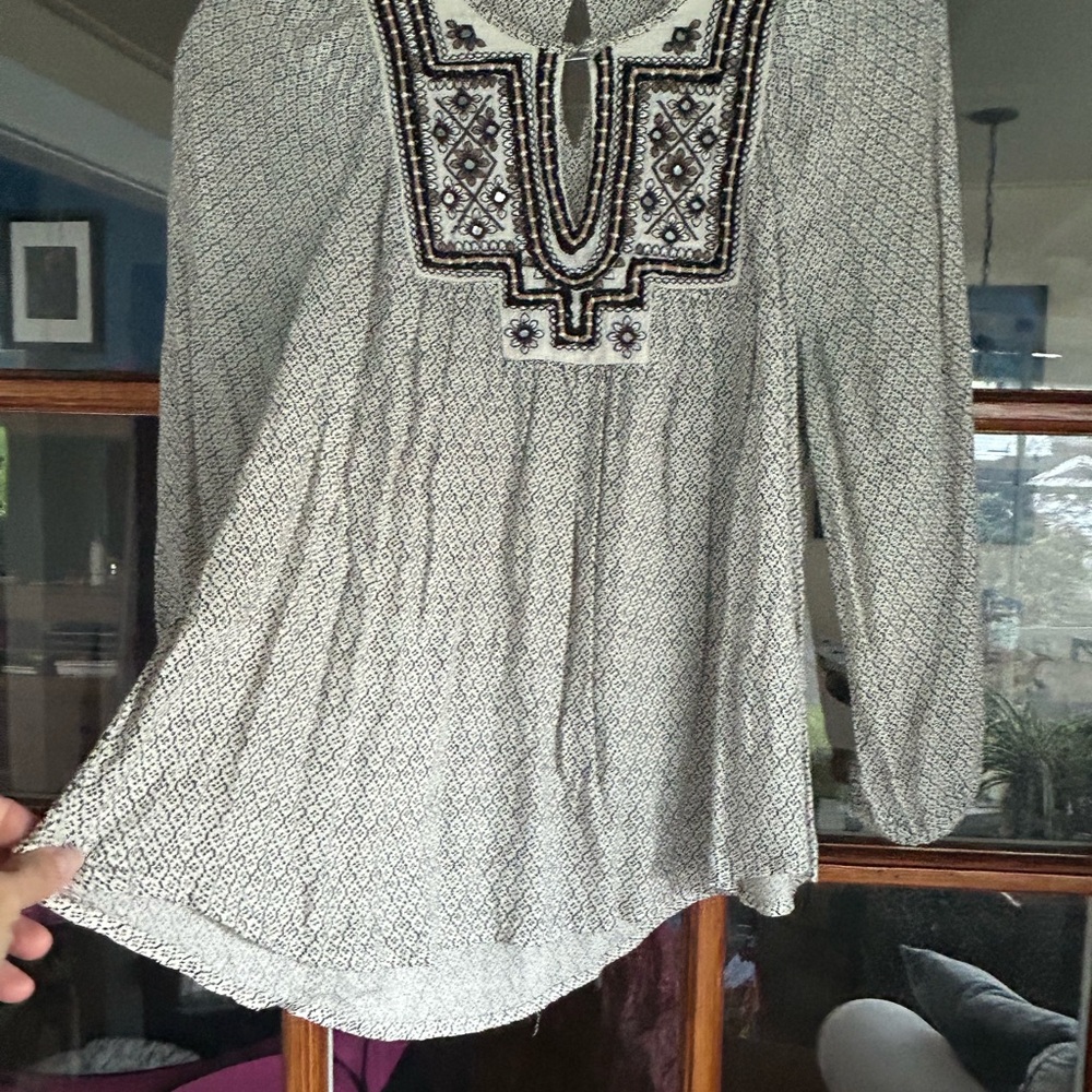 Lucky Brand Black and Cream Embroidered Blouse